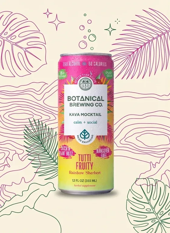 A can of Kava Tutti Frutti against an illustrated tropical background
